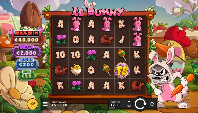 Le Bunny base game screen with a 6x5 cluster pays grid